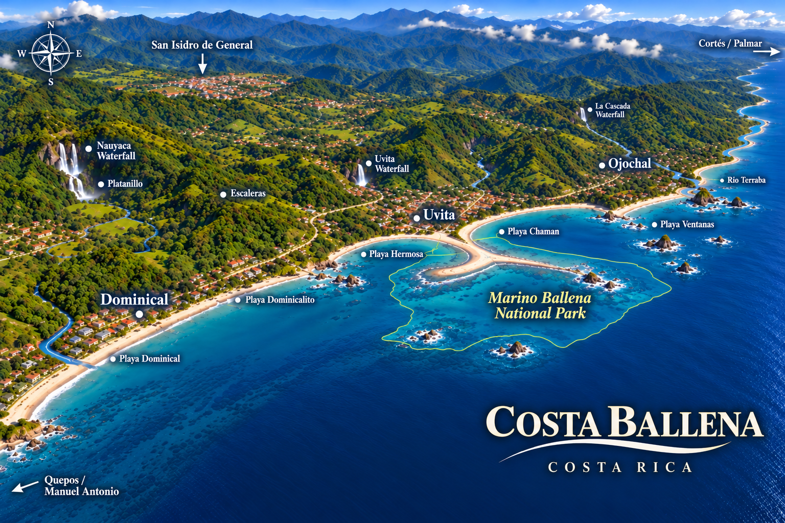 The Costa Ballena Costa Rica Area Map - Dominical, Uvita, Ojochal